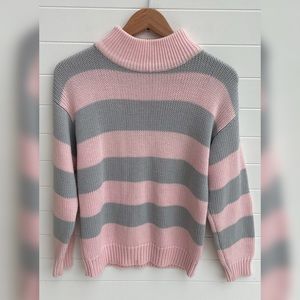 Helium Vintage 80s Striped Pastel Pink Grey Mock Neck Chunky Knit Sweater Preppy